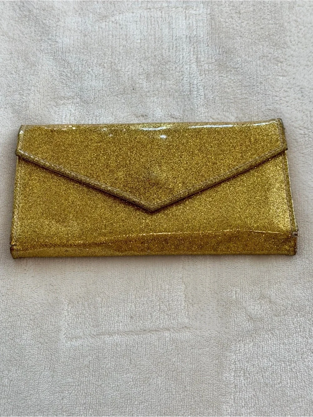 LULU ENVELOPE TRIFOLD WALLET WOMENS 4X7 GOLD GLITTER PATENT SHIMMER